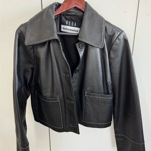 Reformation Veda Black Leather Cropped Jacket with Contrast Stitching